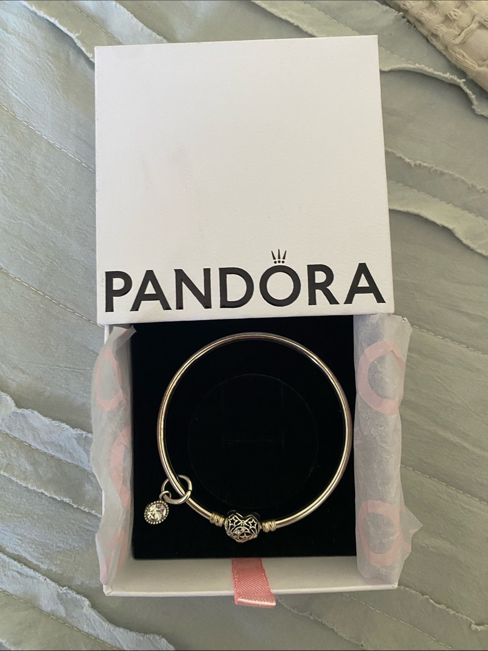 Pandora Silver Moments Bangle Bracelet with Heart Clasp Filigree and CZ Charm